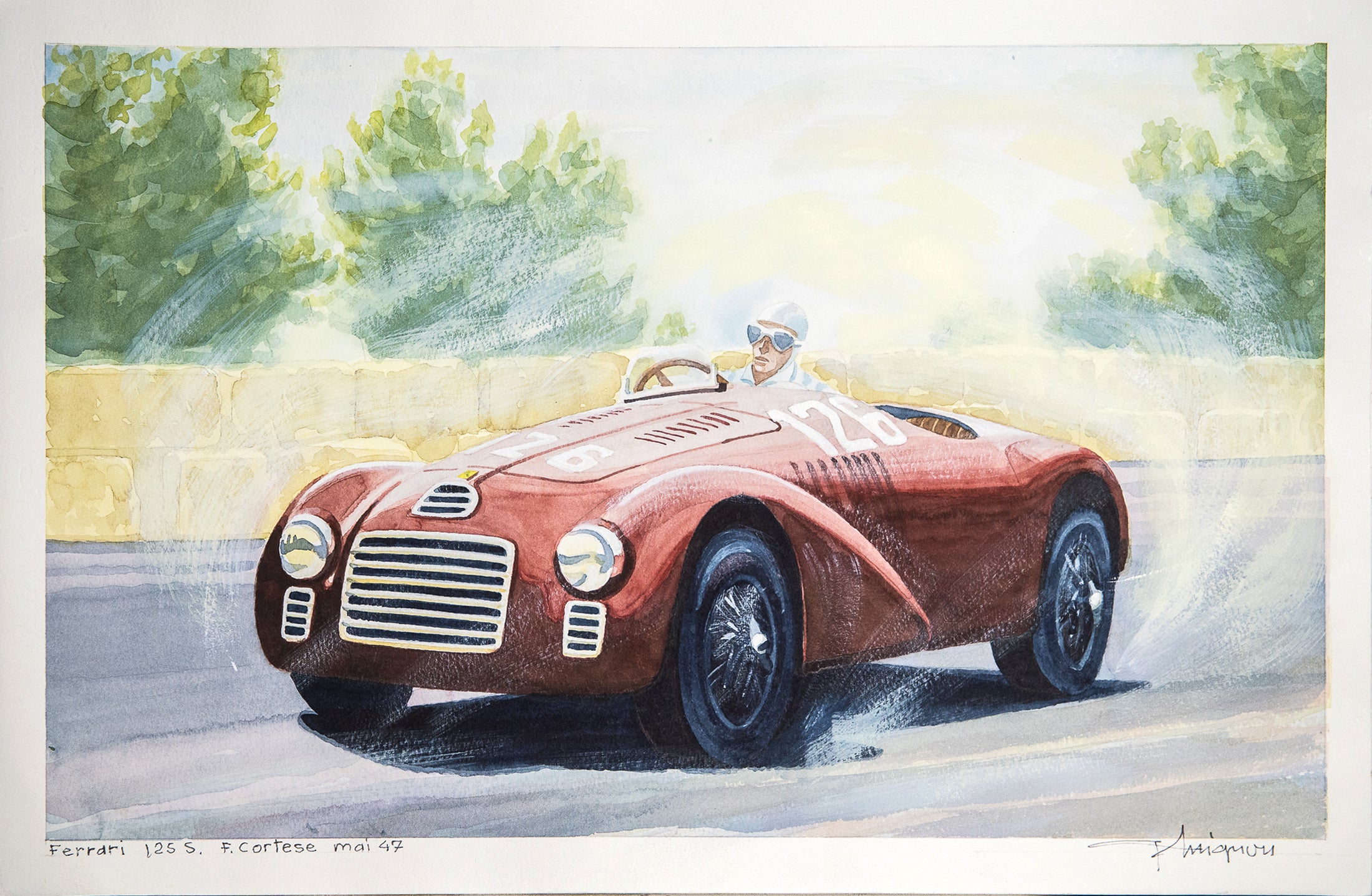 Aquarelle originale de Ferrari 125 S de F. Cortese, mai 1947, illustrant la voiture de course dans un style artistique.