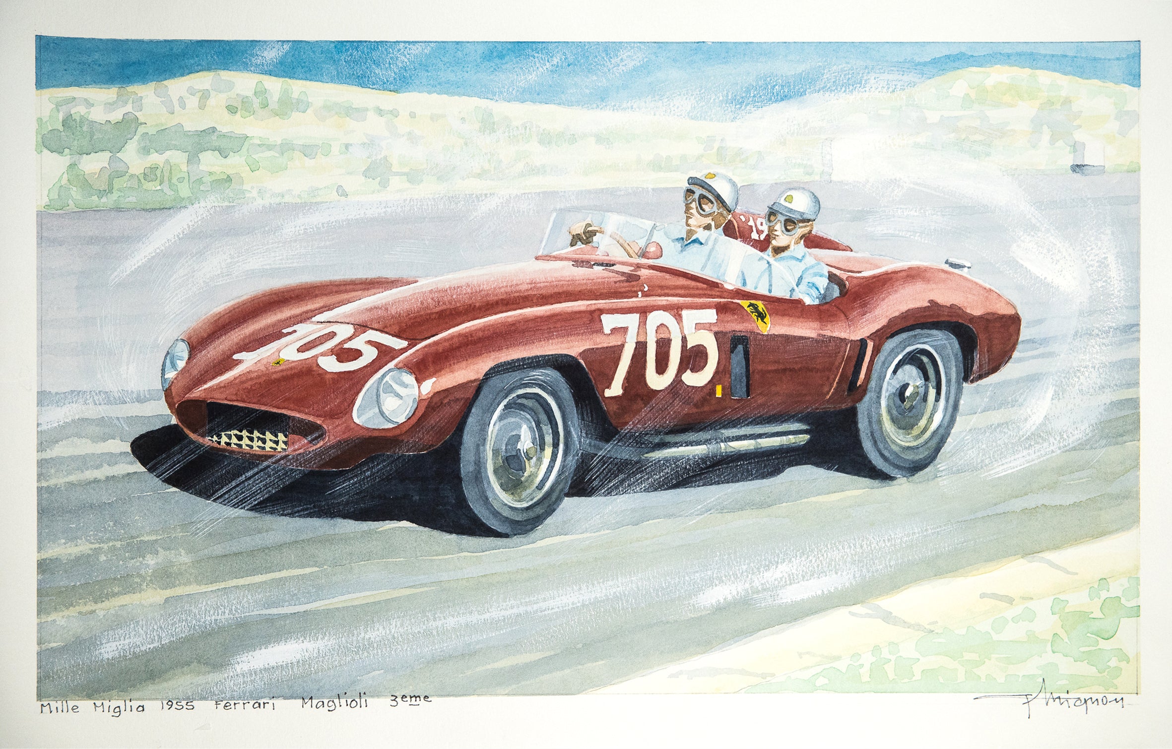 Aquarelle originale Ferrari Maglioli 3ème place Mille Miglia 1955, illustration artistique de voiture de course.
