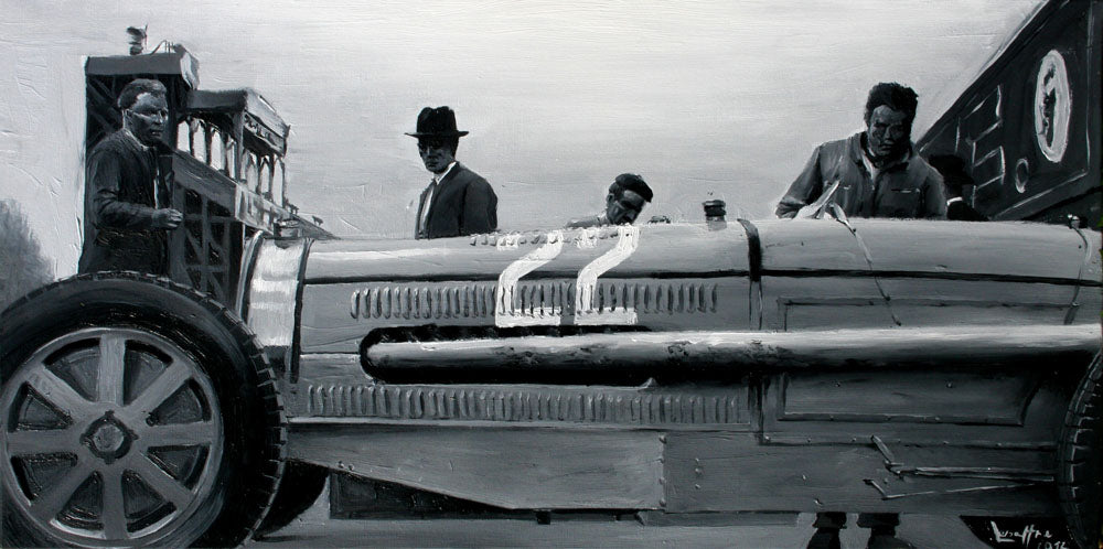 Huile sur toile représentant une Bugatti Type 59 Grand Prix, capturée dans une scène dynamique et détaillée.