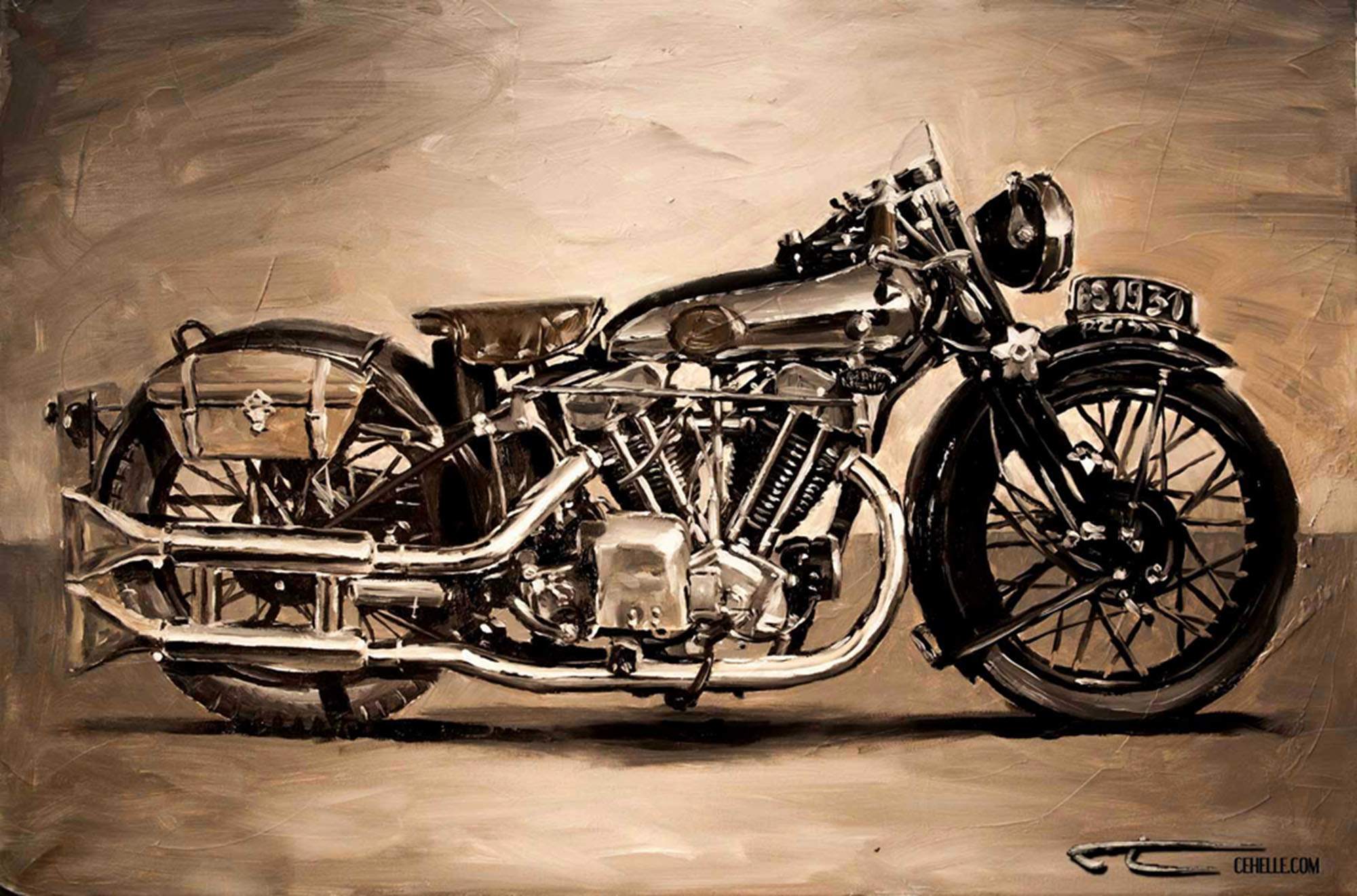 Huile sur toile "la Brough Superior de Laurence d'Arabie" montrant une moto vintage dans un style artistique.