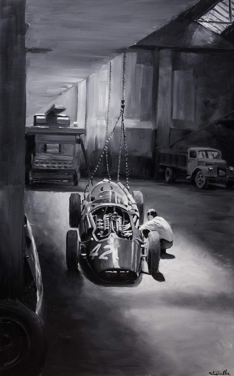 Huile sur toile représentant une Maserati 250 F au repos dans un atelier près de Monza, peinture réalisée par Ma boutique.