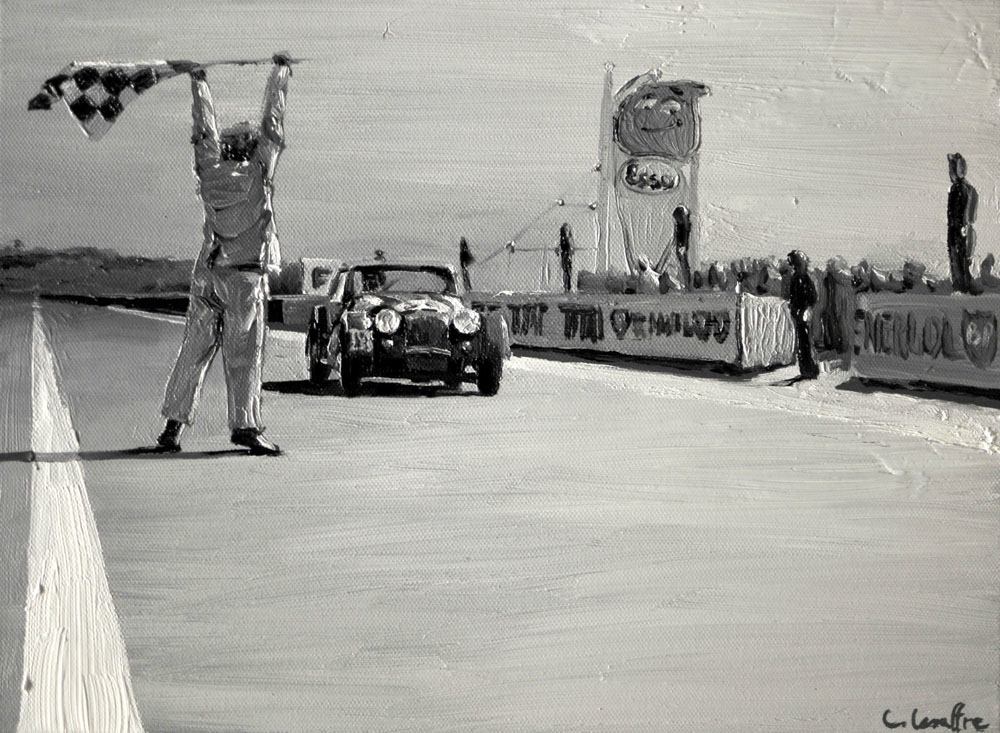 Huile sur toile "TOK 258, Morgan +4 victorieuse aux 24 Heures du Mans 1958", scène automobile en peinture.