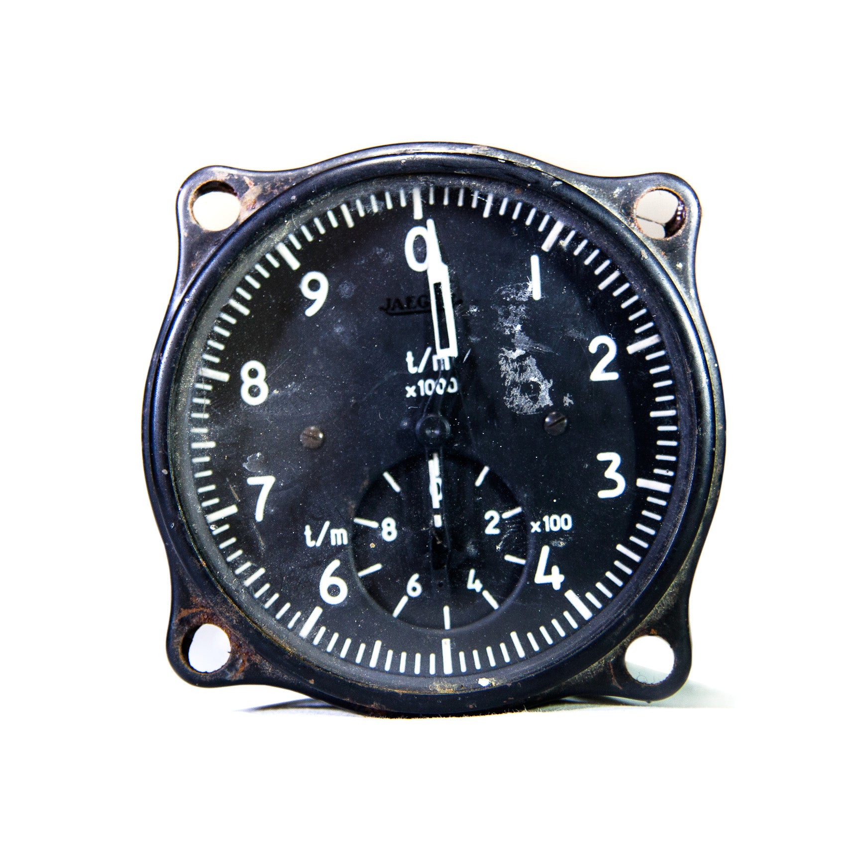 Indicateur tachymétrique Jaeger vintage des années 1950-1960, montre de course classique, cadran avec chiffres et aiguilles.