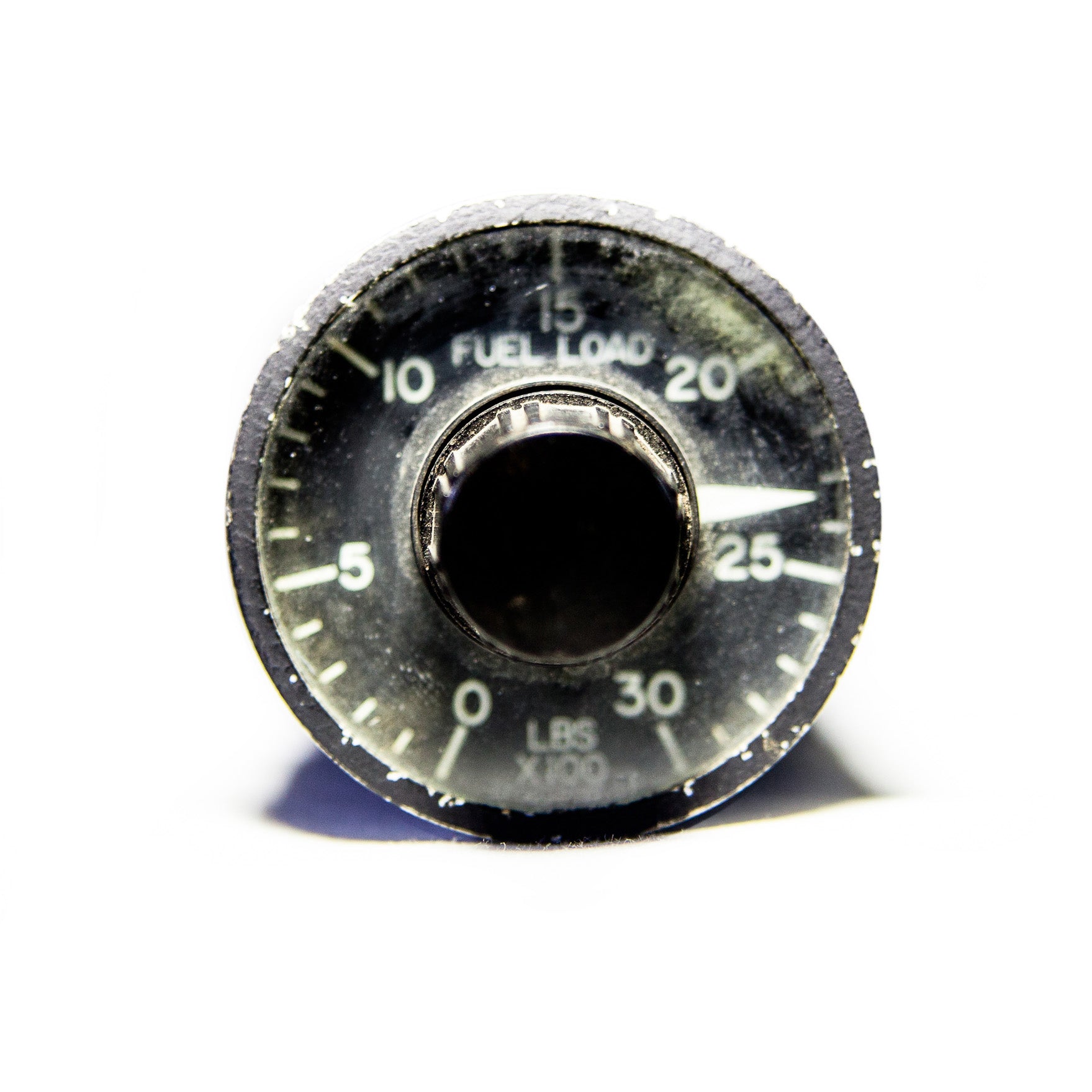 Instrument de contrôle de limite de charge de carburant Simmonds Precision, période 1970, avec cadran et boutons visibles.