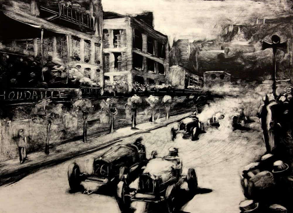 Monotype d'époque représentant Bugatti et Alfa Romeo en pleine bataille lors du Grand Prix de Monaco 1929.