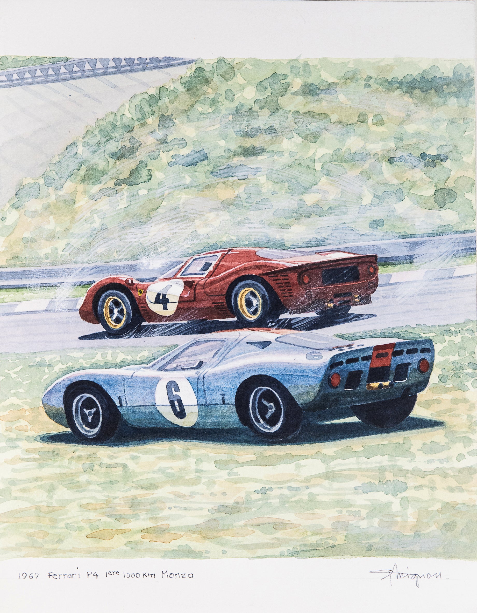 Aquarelle originale Ferrari P4 et Mirage à l’abandon 1967, peinture artistique de voitures de course vintage.