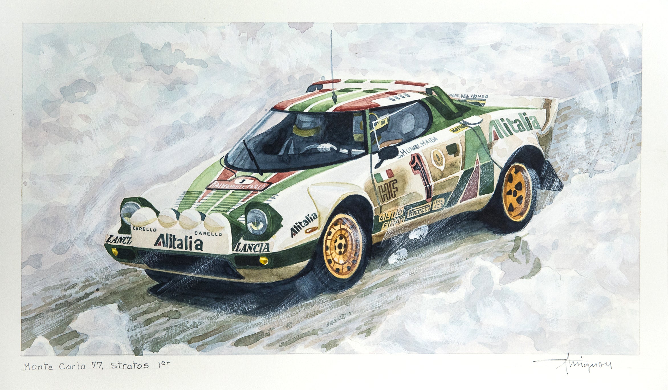 Aquarelle originale de la Lancia Stratos du Rallye Monte Carlo 1977, illustrant un véhicule de course emblématique.