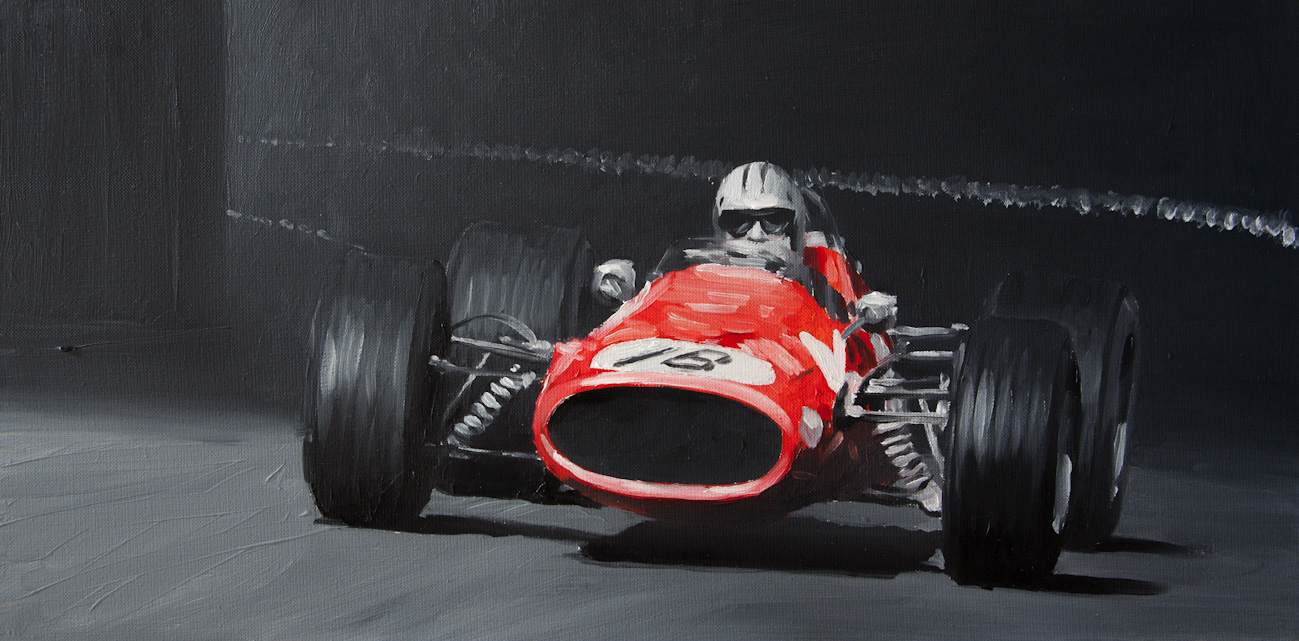 Huile sur toile Ferrari Dino 246 de Lorenzo Bandini au GP Monaco 1966, scène du dernier passage avant l'accident tragique.