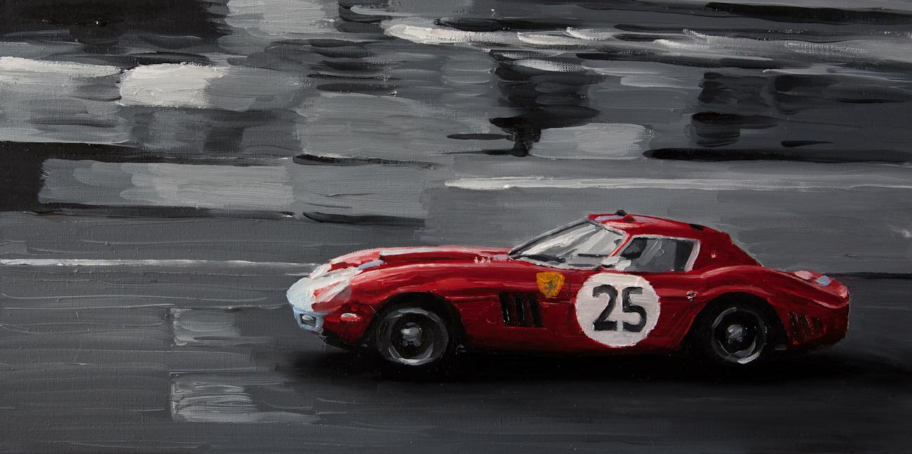 Huile sur toile Ferrari 250 GTO en course, tableau original de 30x60 cm, représentant une voiture de course emblématique.