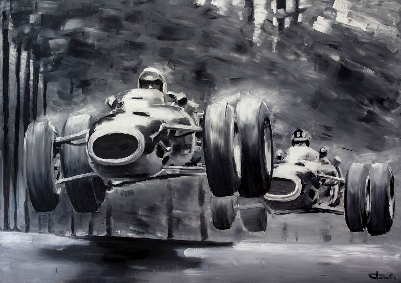 Huile sur toile grand format représentant Jim Clark et Graham Hill au Grand Prix du Nurburgring 1966, style réaliste.