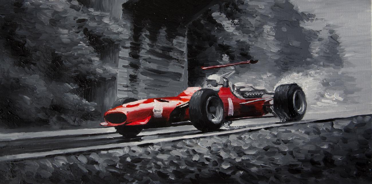 Huile sur toile originale de Jacky Ickx avec Ferrari Dino 166 au Grand Prix de Nouvelle-Zélande 1969, 30×60 cm.