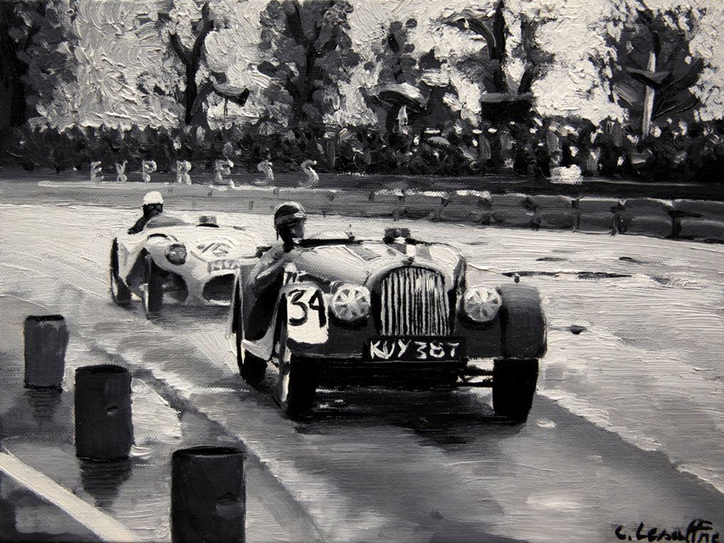 Huile sur toile représentant Morgan en tête devant Cunningham lors des 24h du Mans 1952, œuvre de Ma boutique.