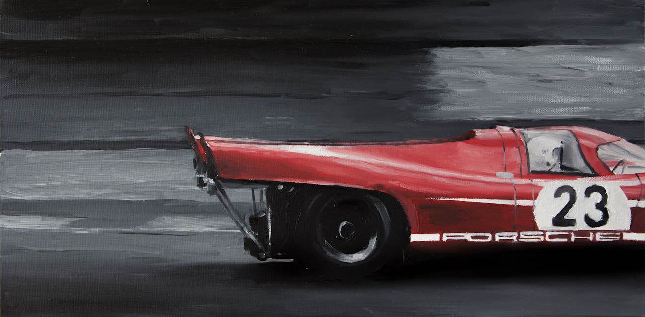 Huile sur toile représentant la Porsche 917 K lors des 24 Heures du Mans 1970, avec détails de la course automobile.