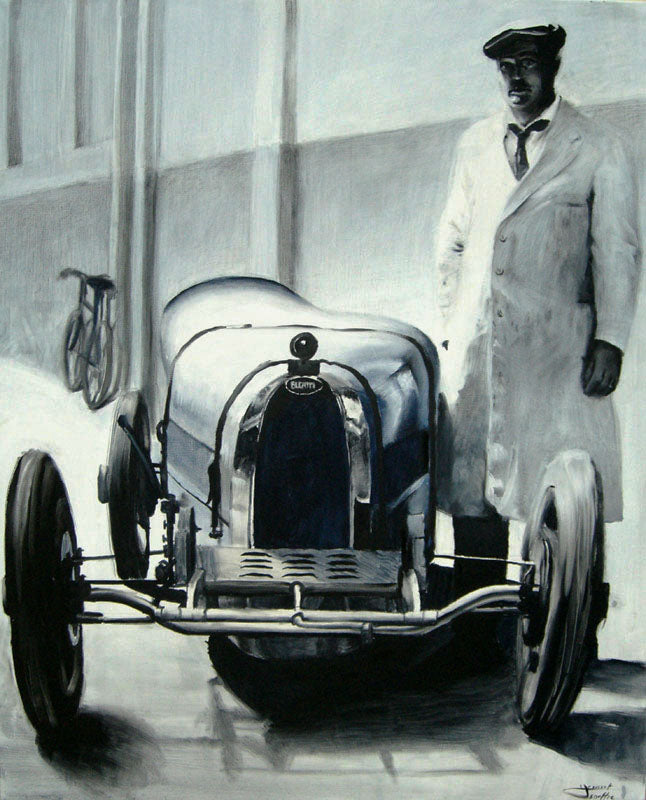 Huile sur toile représentant la première Bugatti Type 35 sortie d’atelier, avec regards attentifs, par Ma boutique.