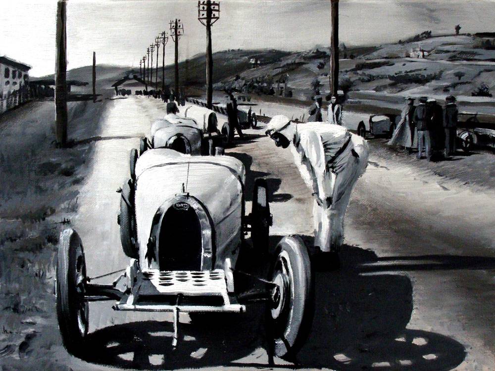 Huile sur toile "Premiers essais Bugatti Type 35" de Ma boutique, peinture représentant une voiture de course classique.