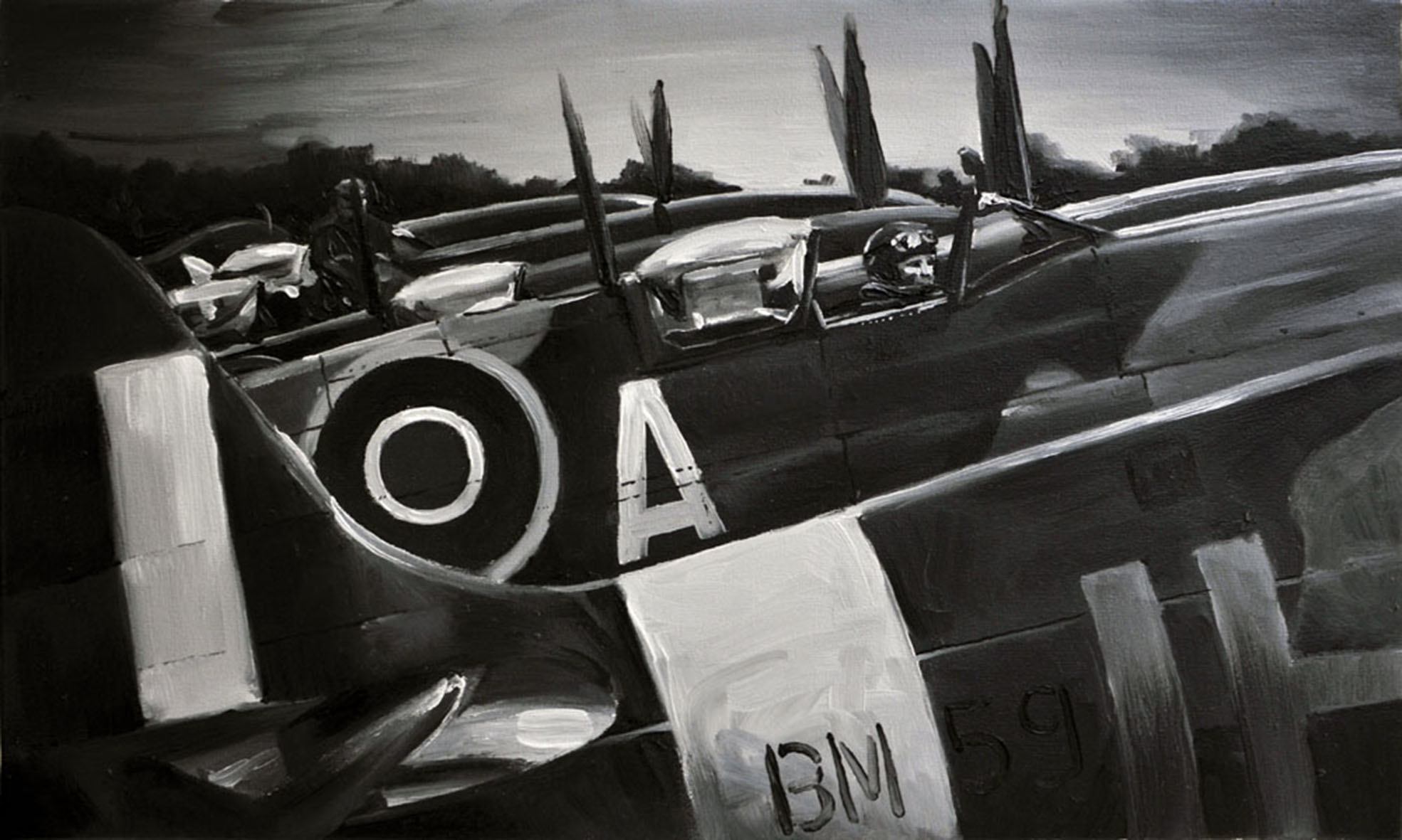 Huile sur toile représentant des Sptifires sur le tarmac, prêt à décoller, par Ma boutique, détails aéronautiques colorés.