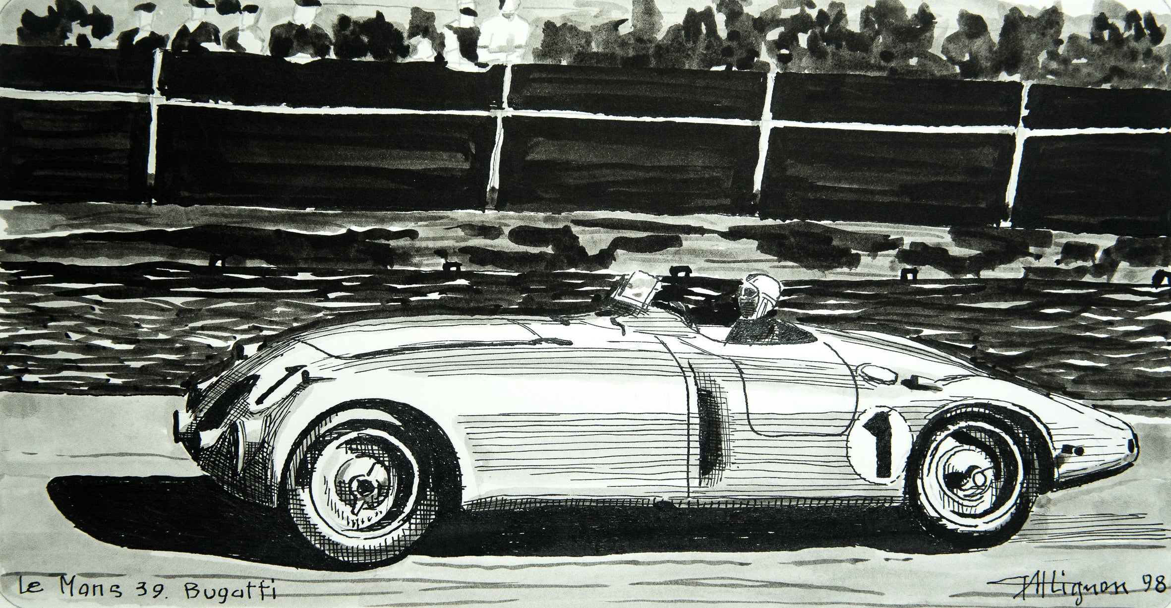 Illustration originale à la plume du Bugatti Type 57 C Le Mans 1939, œuvre d'art sur papier.