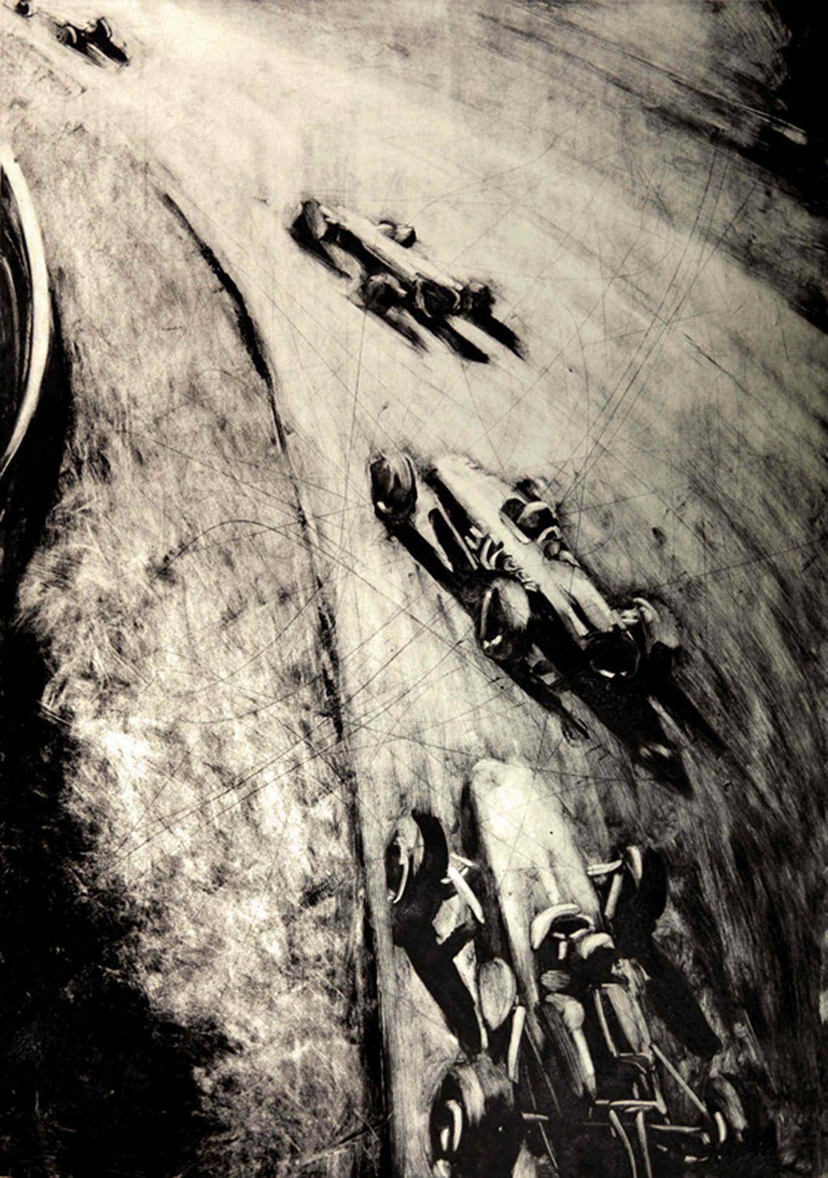 Monotype représentant Jim Clark et Graham Hill au Grand Prix du Nurburgring 1966, illustrant une scène de course automobile historique.