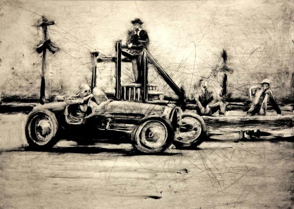Monotype « La Bugatti Type 59 passe en tête » affiché avec texte en caractères noirs sur fond blanc, style classique.